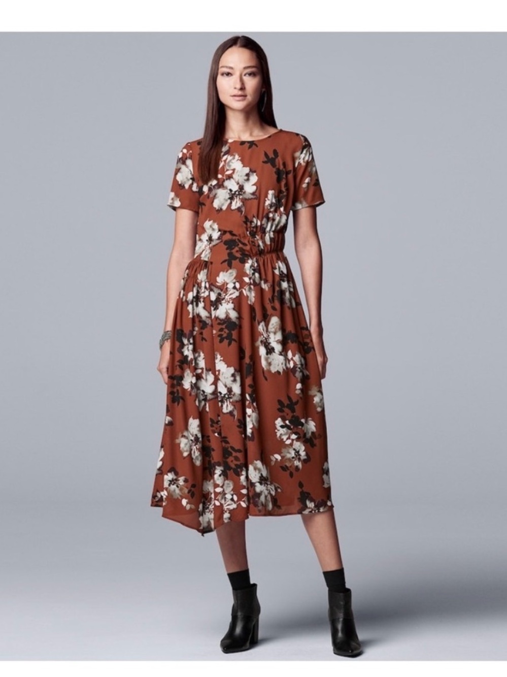Floral Midi Dress in Rust with White Blooms